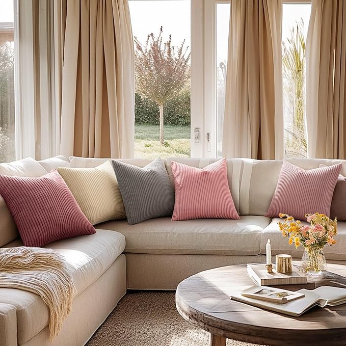 MIULEE Decorative Corduroy Throw Pillow Covers Set of 2 16x16 Beige | Soft Striped Textured Cushion Cases, Boho Square Pillowcases Neutral Home Decor, for Couch Chair Sofa Bed Living Room