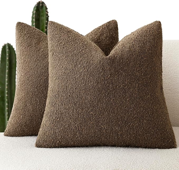 Foindtower Set of 2, Decorative Textured Boucle Throw Pillow Covers Accent Solid Pillow Cases Neutral Soft Couch Cushion Case for Chair Sofa Bedroom Living Room Home Decor 16x16 Inch Chocolate