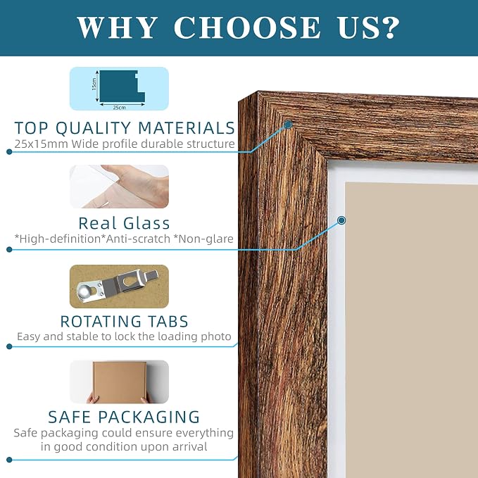 Hongkee 6x9 Picture Frame Set of 4, Made of Real Glass and Rustic Brown Wooden Frame - 6 by 9 Photo for Wall or Tabletop Display
