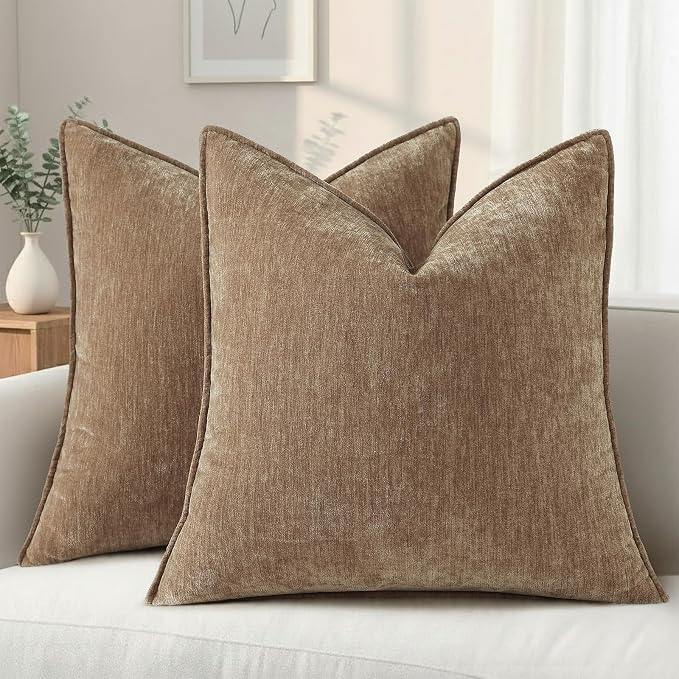decorUhome Chenille Brown Velvet Throw Pillow Covers 18x18 Set of 2 | Fall Soft Couch Decorative Modern Farmhouse Pillow Cases with Elegant Design for Sofa Bed Living Room Home Decor