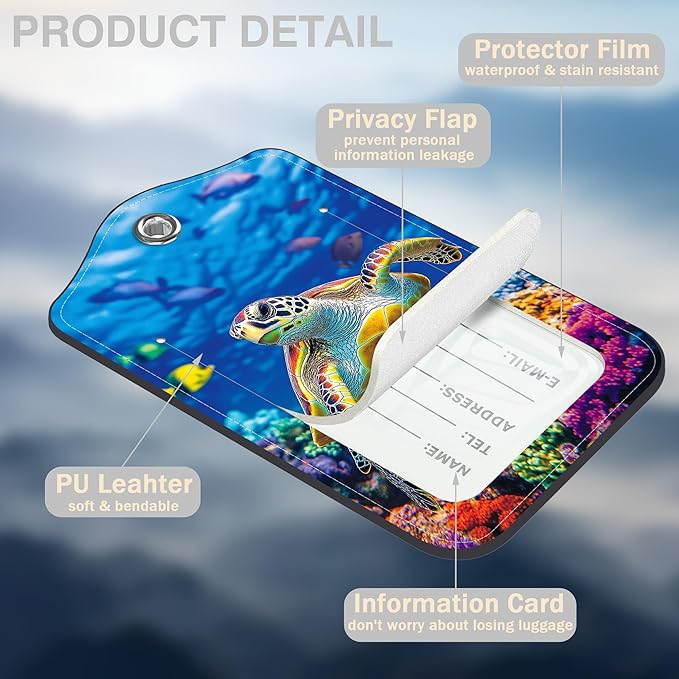 2 Pcs Sea Turtle Luggage Tags for Suitcases PU Leather Baggage Tags Name ID Label with Privacy Cover and Stainless Steel Loop for Men Women Travel Bag Suitcase