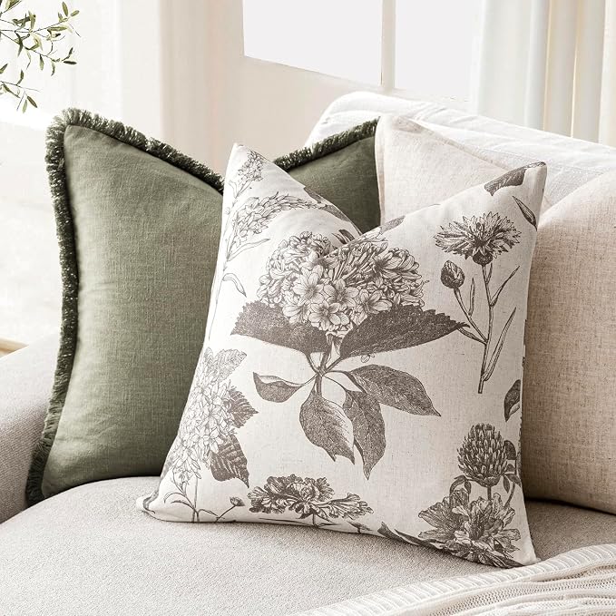 Foindtower Set of 2 Linen Floral Throw Pillow Covers Vintage Accent Print Decorative Cushion Covers Farmhouse Boho Home Decor for Sofa Chair Couch Bedroom Living Room,22×22 Inch,Light Gray