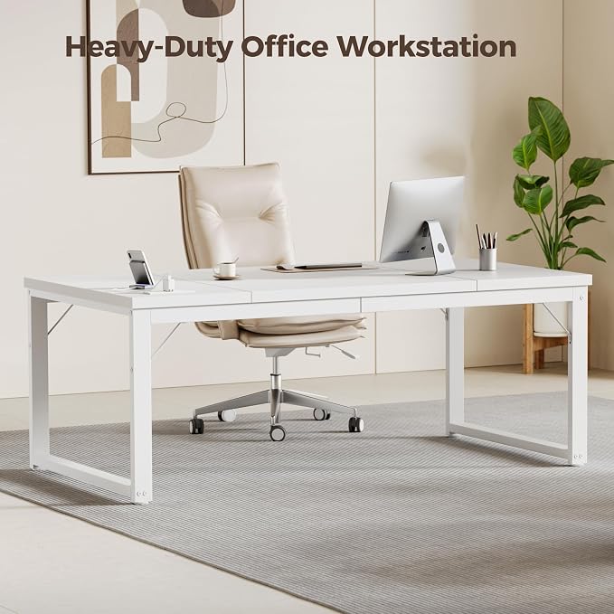 Mericonia 63 Inch Computer Desk with Power Outlets, 1.2" Thick Office Table | Modern Simple Style, Heavy Duty Industrial Frame, Large Study & Writing Table for Home Bedroom Work, White