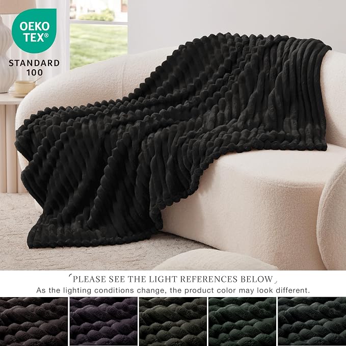 EXQ Home Fleece Throw Blanket for Couch or Bed - 3D Stripe Jacquard Decorative Blankets - Cozy Soft Lightweight Fuzzy Flannel Blanket Suitable for All Seasons(50"×60",Black)