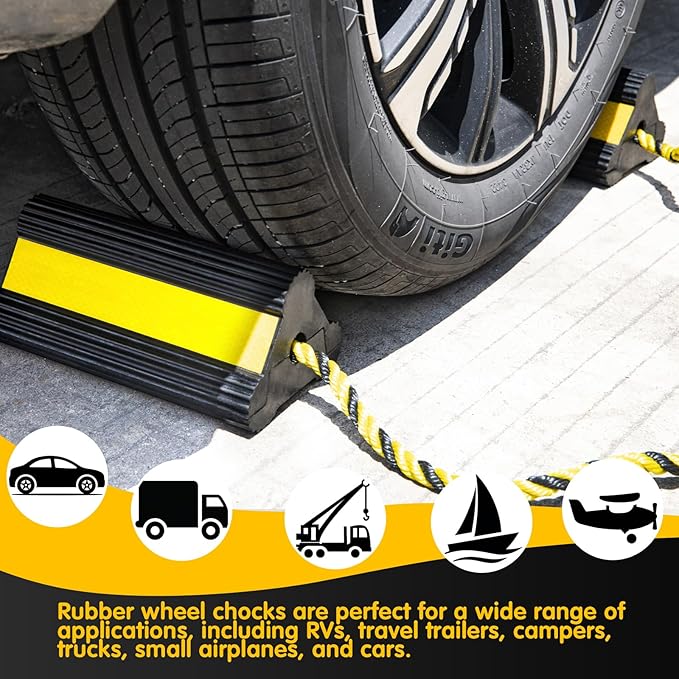 CMOOD Wheel Chocks for RV Travel Trailer Camper Truck Aircraft Car, Rubber Dual Wheel Block, Non-Slip Tire Chocks with Rope, Heavy Duty Wheel Chocks with Nylon Rope Yellow Reflective Tape(4 Pack)