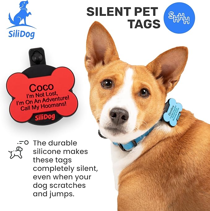 SiliDog AirTag Holder Silent Dog ID Tag – Personalized Engraved Silicone Pet Tag – Durable, Glow-in-The-Dark – Pink Bone