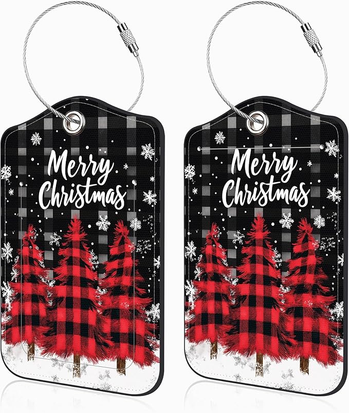 2 Pack Luggage Tags for Suitcases Red and Black Checkered Christmas Tree Leather Luggage Tags Privacy Cover ID Label with Stainless Steel Loop and Address Card for Women Men Travel Bag Backpack