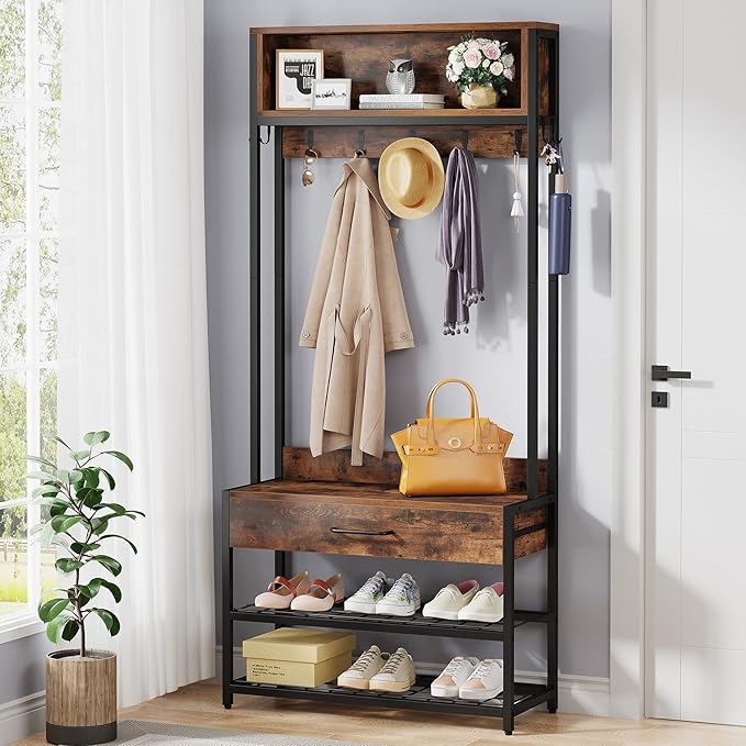 Tribesigns 3-in-1 Entryway Hall Tree with Drawer, Vintage Industrial Coat Rack with Shoe Bench and Hutch, Mudroom Bench with Shoe Storage Rack and 9 Hooks for Living Room Bedroom (Brown)