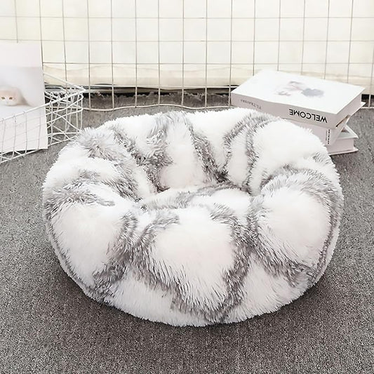 Calming Dog Bed for Small Dogs, Calming Donut Cuddler Pet Bed Anti Anxiety Round Dog Bed Fluffy Plush Faux Fur Cat Bed,Grey+White,35.5IN