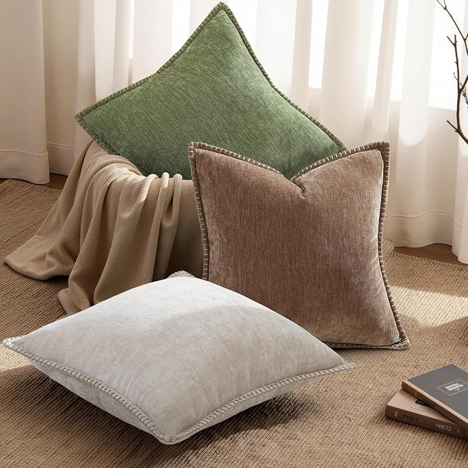 decorUhome Soft Chenille Throw Pillow Covers 16x16 Set of 2 Brown | Fall Textured Decorative Throw Pillow Cases Stitched Edge Modern Farmhouse Luxury Boho Velvet for Couch Sofa Bed Home Decor