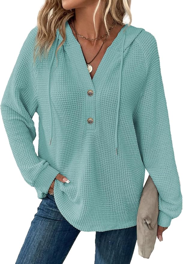 Dokotoo Hoodies for Women Waffle Knit Long Sleeve Drawstring Button V Neck Casual Sweatshirt Hooded Tops Fashion Clothing