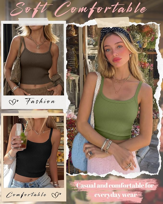Ficerd 3 Pack Women's Tank Tops 95% Cotton Spaghetti Strap Ribbed Crop Camisole Slim Fitted Basic Summer Sleeveless Layer