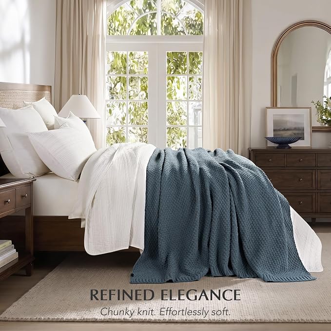 EVERGRACEHOME Chunky Chenille Knit Throw Blanket, 108x92, Stormy Blue | Sculpted Moss Stitch, Chic Modern Farmhouse, All-Season Warmth, OEKO-TEX® Certified, Oversized King for Couch, Bed, Sofa