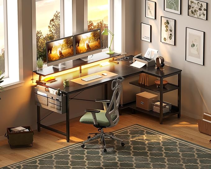 ODK 58 Inch L Shaped Gaming Desk with LED Lights, Power Outlets, Black | Adjustable Monitor Stand, Open Storage Shelves, Hanging Side Bag, PC Tower Stand, Reversible Layout for Gaming