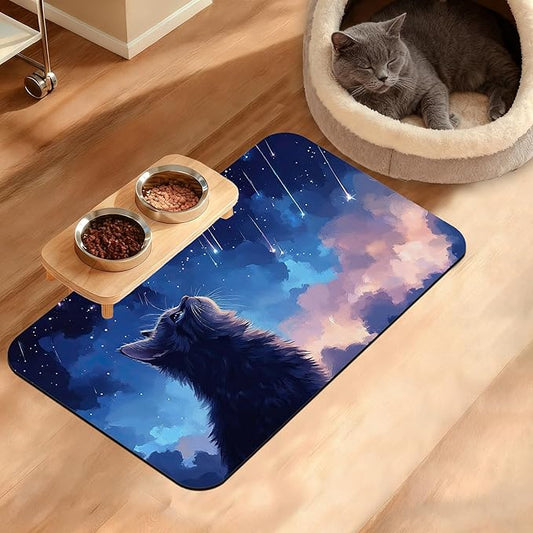 Cat Dog Food Mat,Starry Night Absorbent Pet Feeding Mat for Food and Water Bowl,Quick Dry Dog Placemat Non Slip Rubber Backing Waterproof Pet Supplies 12" x 20"