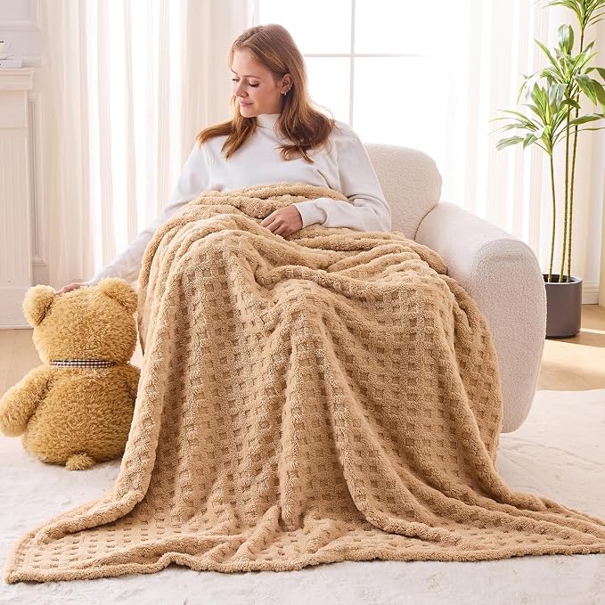 NEWCOSPLAY 3D Waffle Checkered Flannel Twin Blanket, Brown, 60"x80" | Super Soft Cute Lightweight Decorative Premium Silky Fleece Blanket for Couch Sofa Bed, Gift for Women Men, All Season Use