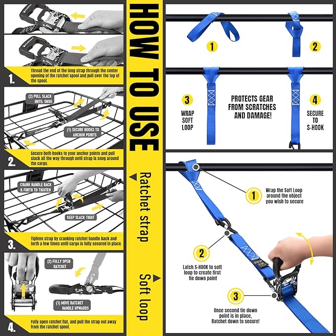 Stay There Heavy Duty Ratchet Tie Down Straps - 5208 Lbs Breaking Strength 1.6" x 8', Includes 4 Heavy Duty Ratchet Padded Handles – Coated Deep S-Hook & Carry Bag (Blue)