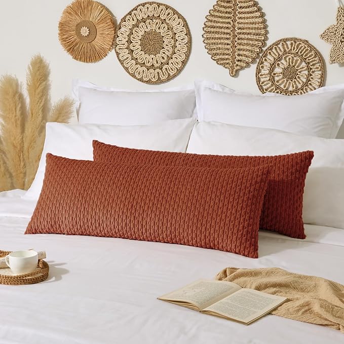 Kevin Textile Soft Corduroy 20"x54" Body Pillow Cover 1 Pack, Rust | Fall Boho Stripe Plush Corduroy Decorative Oblong Cushion Cover Modern Farmhouse Home Decor for Sofa Couch Bed Chair