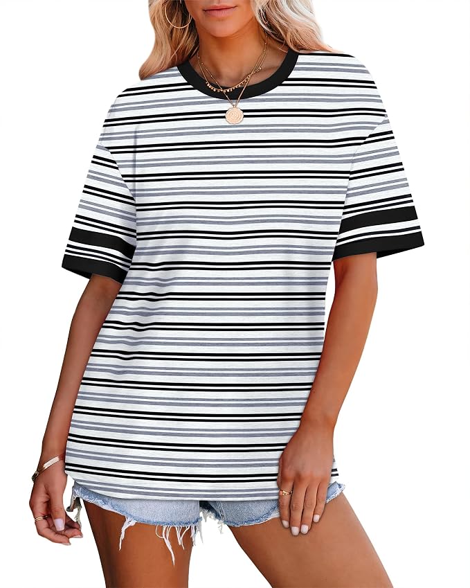 WIHOLL Womens T Shirts Loose Fit Short Sleeve Tees Crew Neck Color Block Summer Tops 2026 Fashion