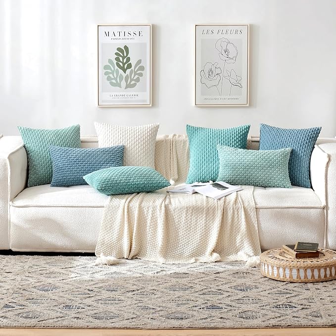 MIULEE Decorative Throw Pillow Covers 16x16 Blue Grey Textured Corduroy | Pack of 2 Striped Pillow Covers Modern Farmhouse Coastal Home Decor for Couch Bed Sofa Living Room