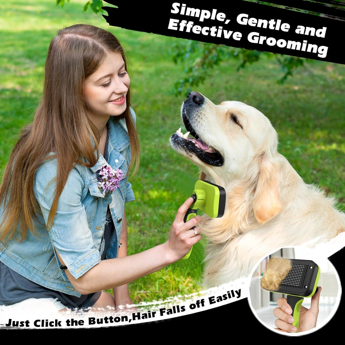 Skiennix Self-Cleaning Slicker Brush Set - Pet Grooming Rake & Flea Comb for Dogs, Cats & Horses | Green