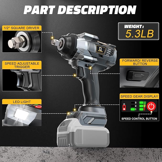 Cerycose Cordless Impact Wrench 1000FT-LBS Compatible with Dewalt Battery, 1/2 inch Brushless Electric 1360N.m Impact Gun Includes LED Work Light, High Torque Impact Driver, Bare Tool Only