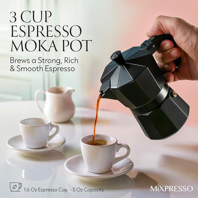 Mixpresso 3 Cup Moka Pot Stovetop Espresso Maker, Italian Cuban Coffee Pot | 5oz aluminum Italian coffee maker for gas and electric stovetops, small design for traditional espresso-style coffee at home