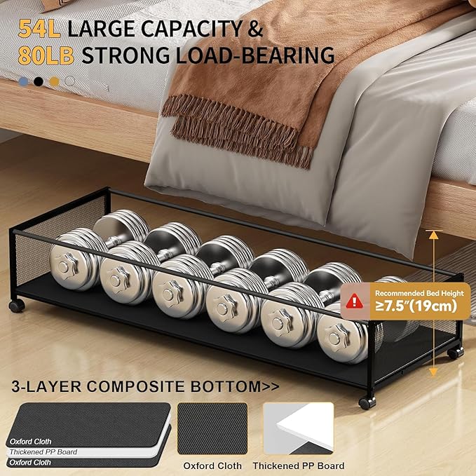 Under Bed Storage Containers with Wheels Large Underbed Shoes Blankets Clothes Toy Storage Drawers for College Dorms Bedrooms Nursery Rooms Organization (Black 2 Pack, 7.5in height(36"x16.6"x7.48"))