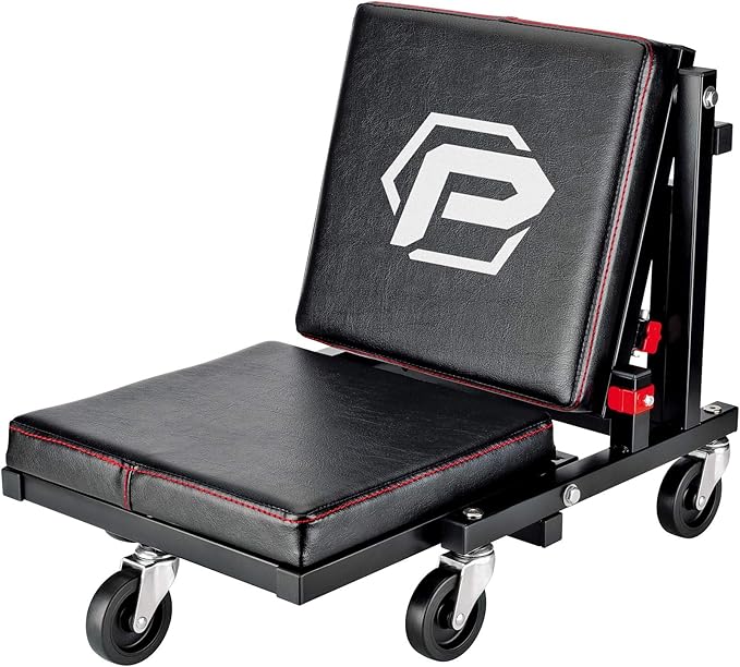 Powerbuilt 2-in-1 Rolling Creeper Seat Converts from High to Low Roller Seat, Fast, Tool-Free Conversion, Garage, Shop, Brake Jobs, Washing, Detailing, Maintenance, Thick Pad, 3-in. Casters - 240298