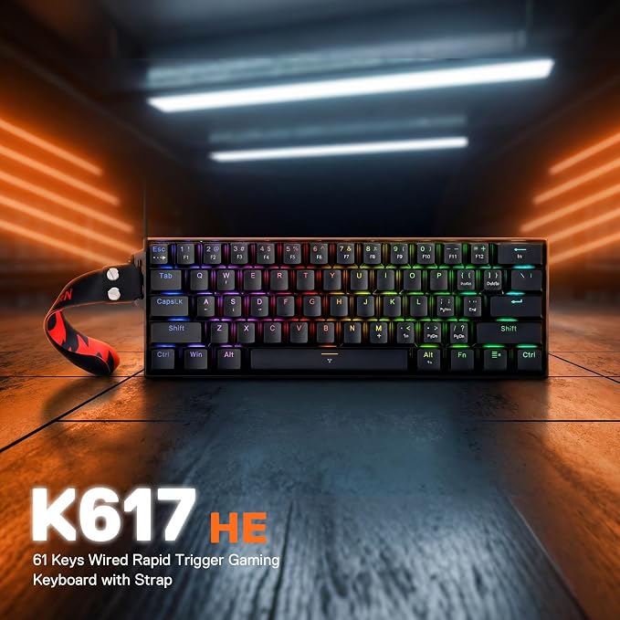 Redragon K617 HE Wired Hall-Effect Rapid Trigger Magnetic Gaming Keyboard | 8K Polling Adjustable Actuation, 61 Keys Design for More Room to Aim, Swap-Ready Socket for Mod, RGB Pro Software Supported