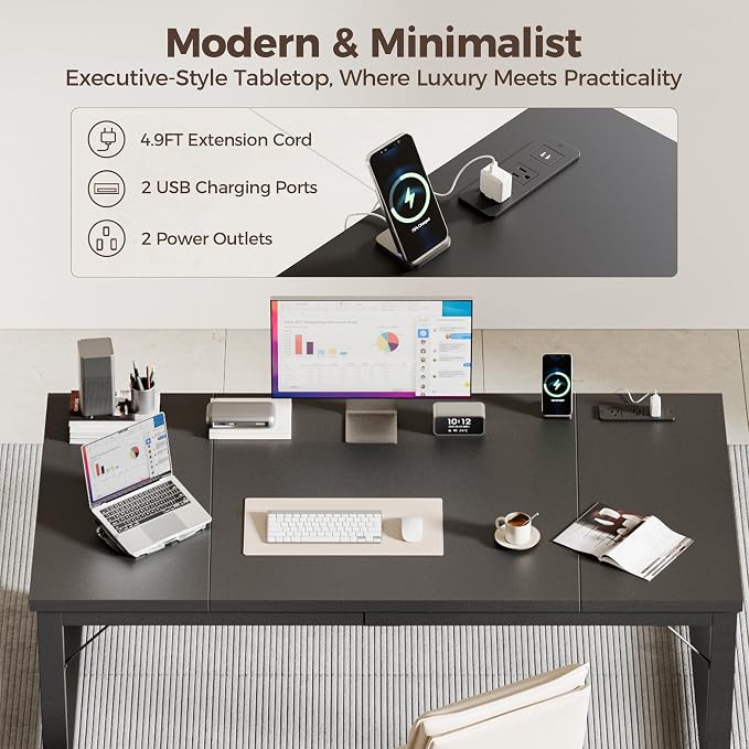 Mericonia 63x28 Inch Computer Desk w/Power Outlets, 1.2" Thick Office Table | Modern Simple Style, Heavy Duty Industrial Frame, Large Study & Writing Table for Home Bedroom Work, Black