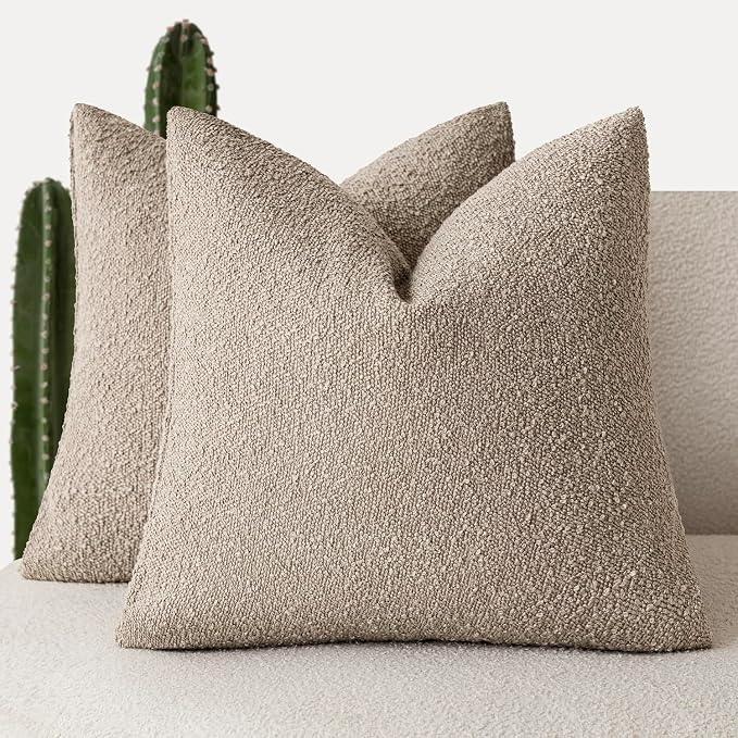 Foindtower Set of 2, Decorative Textured Boucle Throw Pillow Covers Accent Solid Pillow Cases Neutral Cozy Couch Cushion Case for Chair Sofa Bedroom Living Room Home Decor 26x26 Inch Light Khaki Tan