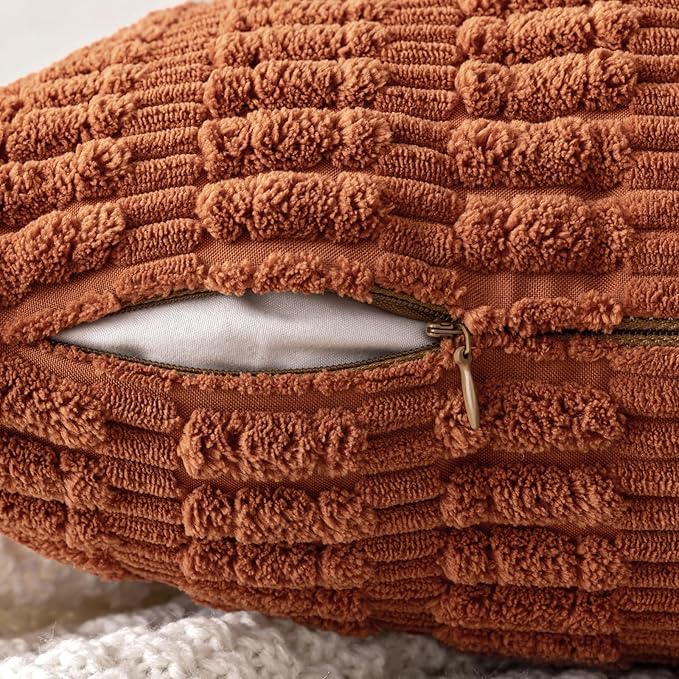 MIULEE Fall Pack of 2 Dark Rust Corduroy Decorative Pillow Covers 18x18 Inch Soft Boho Striped Throw Pillow Covers Modern Farmhouse Home Decor for Sofa Living Room Couch Bed