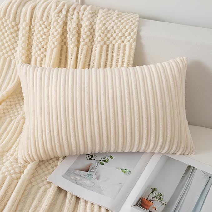 UGASA 14x24 Inch Pillow Cover Pack of 1 Soft Boho Stripe Corduroy Long Rectangular Lumbar Cushion Cover Farmhouse Decorative Throw Pillowcase for Bed, Couch, Sofa, Bedroom, Living Room, Cream