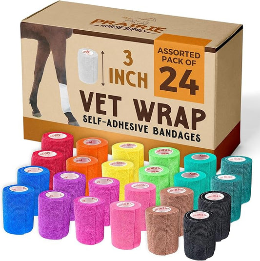 3 Inch Vet Wrap Tape Bulk (Assorted Colors) (Pack of 24) Self Adhesive Adherent Adhering Flex Bandage Grip Roll for Dog Cat Pet Horse