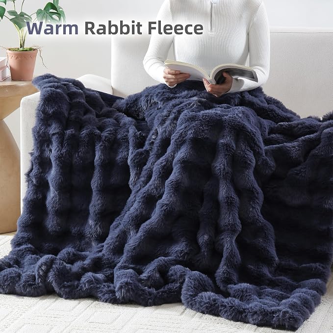 Faux Rabbit Fur Throw for Couch - Navy Blue Bubble Blanket 50"x60" | Fluffy Plush Fuzzy Throw for Sofa & Bed, Super Soft Cozy Comfrt Blanket, Luxury Aesthetic Navy Blue Decor Gift for Women
