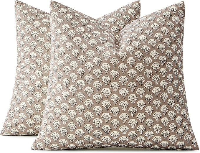 MIULEE Floral Print Decorative Euro Pillow Covers 26x26, Light Taupe | Vintage Boho Farmhouse Modern Home Decor, Set of 2, Block Print Cushion Covers for Couch Sofa Bed Living Room