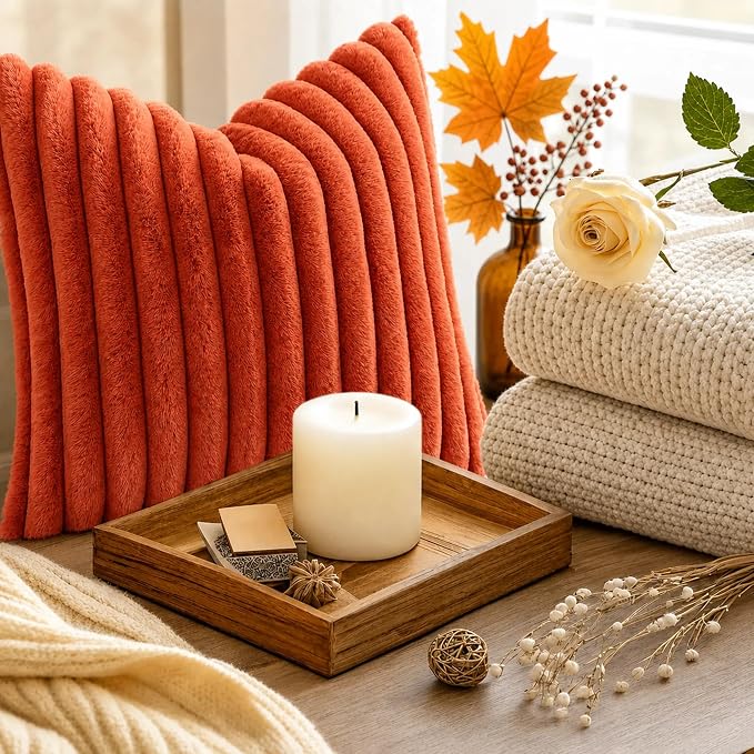 decorUhome Fall Faux Fur Throw Pillow Covers 12x20 Set of 2 Rust | Decorative Soft Cozy Striped Plush Modern Farmhouse Boho Couch Pillow Cases Velvet Back for Sofa Bed Living Room Home Decor