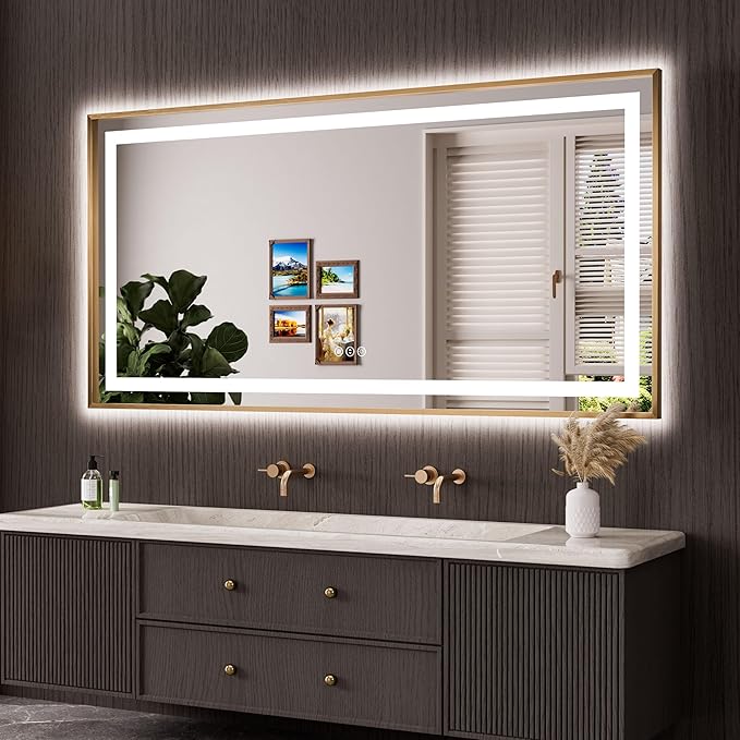 Amorho 72"x 36" Gold LED Bathroom Mirror, Metal Framed Mirror with Front Light and Backlit, Stepless Dimmable, Anti-Fog, Shatter-Proof, Memory, 3 Colors