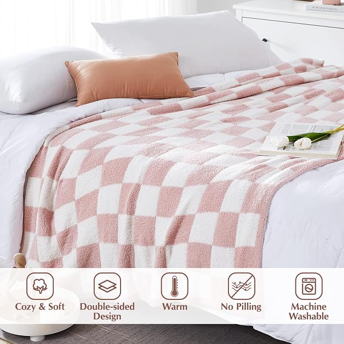 Soft Checkered Throw Blanket for Couch-Cozy Warm Knitted Blankets | Lightweight Warm Fluffy Decor for Women, Mom, Her & Girls, Sofa, Chair, Bed, 50x70in, Pink