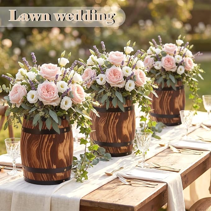 4Pcs Ippoulas Wooden Wine Barrel Planters 8" x 6.5" - Set of Rustic Wood Vases for Flowers, Centerpieces Decor | Wine Barrel Wedding, Party, Home Decoration