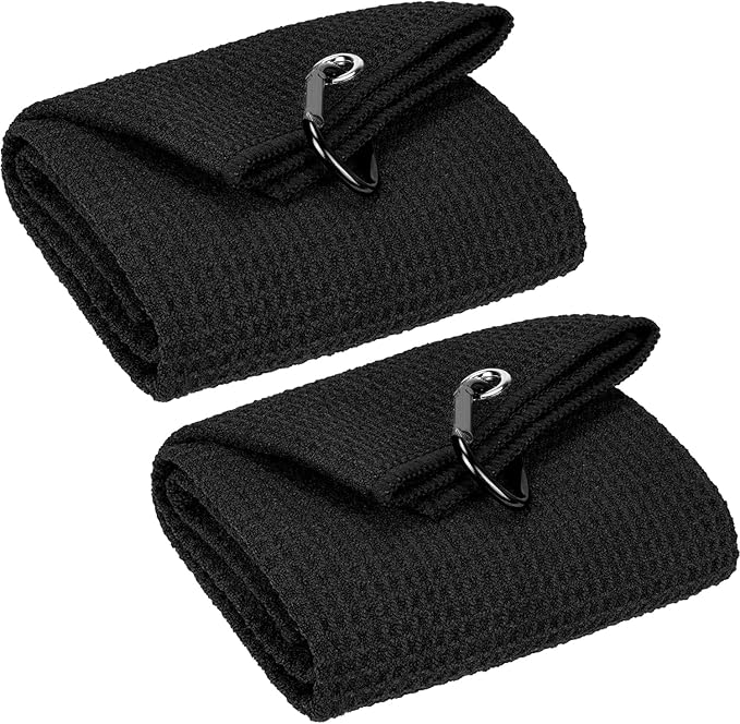 VIVIDLY 2 Pack 16" x 24" Tri-fold Golf Towels, Premium Microfiber Fabric Waffle Pattern with Black Heavy Duty Carabiner Clip, Golf Towels for Golf Bags for Men (Black)