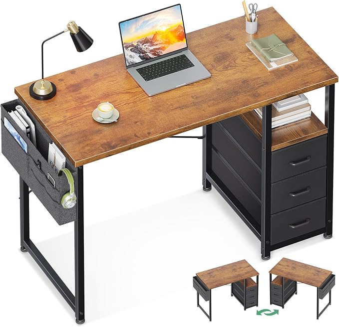 AODK 40 Inch Small Computer Desk with Fabric Drawers, Vintage | Mini Desk with Storage Shelf & Bag, Kids Study Desk for Bedroom, Home Office Desk for Small Space