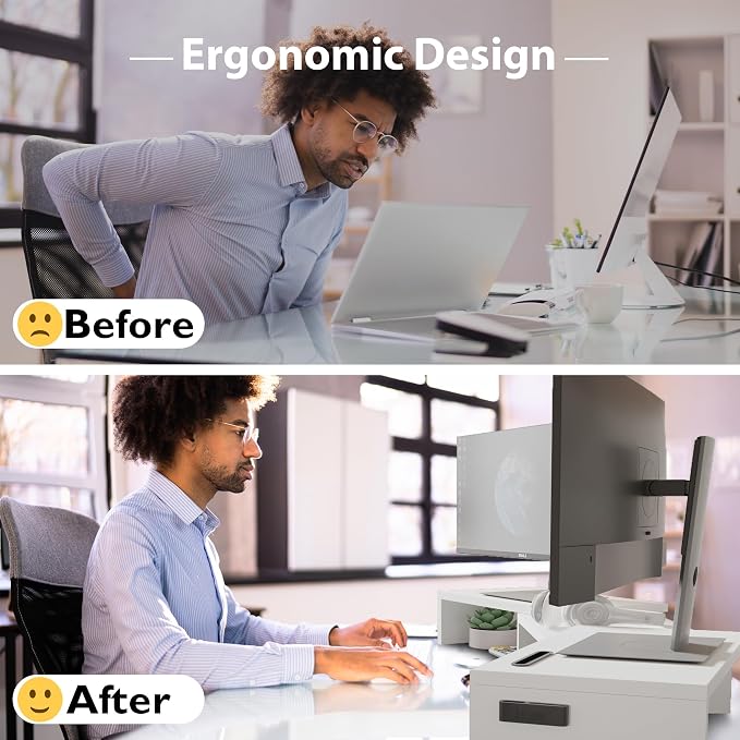 BONTEC Dual Monitor Stand Riser with Smartphone Holder, Adjustable Length & Swivel Angle, Ergonomic Wooden Desktop Organizer for PC Monitor, Laptop, Printer, Large Storage, 42.5 in, White