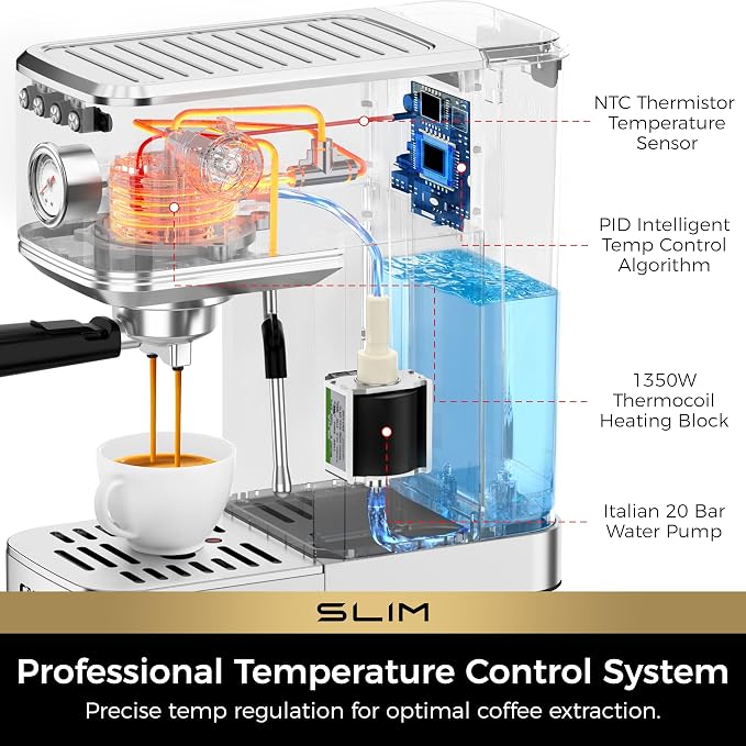 CHULUX Slim Espresso Machine with Milk Frother for Home Cappuccino & Latte | Precise Pressure Gauge, Food-Grade Materials, 20 Bar Italian Pump, Professional Temperature Control System, Stainless Steel