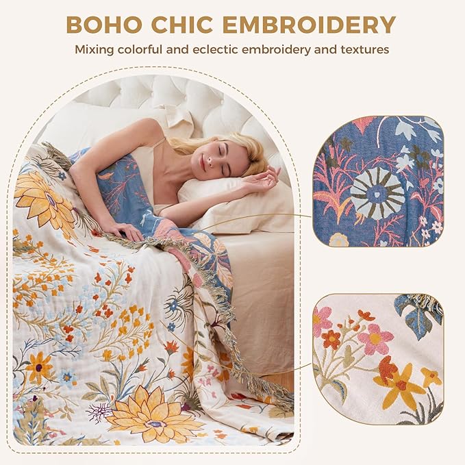 LUTBM Boho Throw Blanket for Bed 60"x80", All Season Cotton Couch Blankets | Reversible Floral Embroidery, Muslin Twin Quilt, For Chair Sofa Bedroom Living Room, Lightweight Breathable Gauze, Home Decor