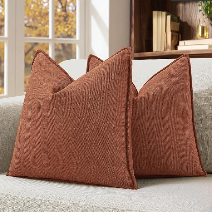 MIULEE Pack of 2 Fall Burnt Orange Euro Shams Chenille Pillow Covers 24x24 | Decorative Soft Couch Throw Pillows,Farmhouse Cushion Covers,Elegant Design for Sofa,Bed,Living Room,Summer Decor
