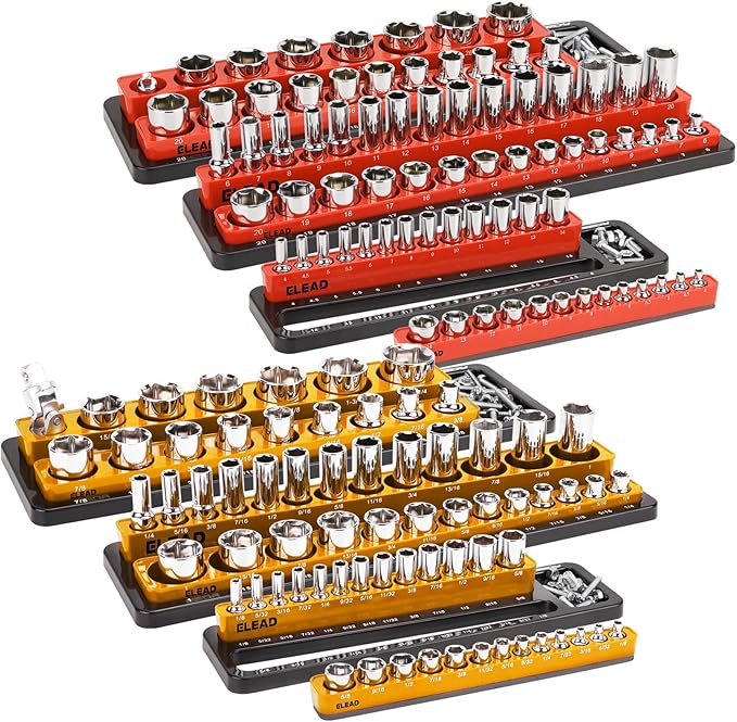 ELEAD Magnetic Socket Holder Organizer Set - 6-Piece Durable 1/2, 1/4, 3/8 Inch Drive Holder, Tool Box Storage Tray for Wrench, Screwdriver, Mechanic Tools, Portable Toolbox Accessory