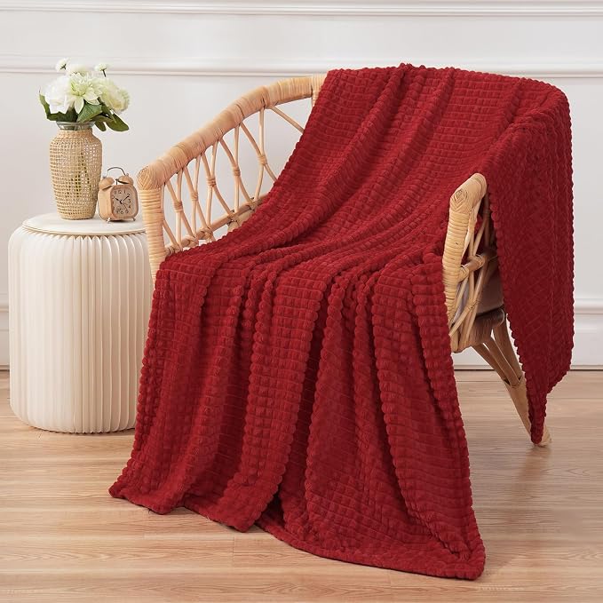 Puncuntex Fleece Throw Blanket Red 60"×80" with Square Grid Design | Super Soft Plush Cozy Flannel Throw Blanket Luxury for Couch Sofa Chair