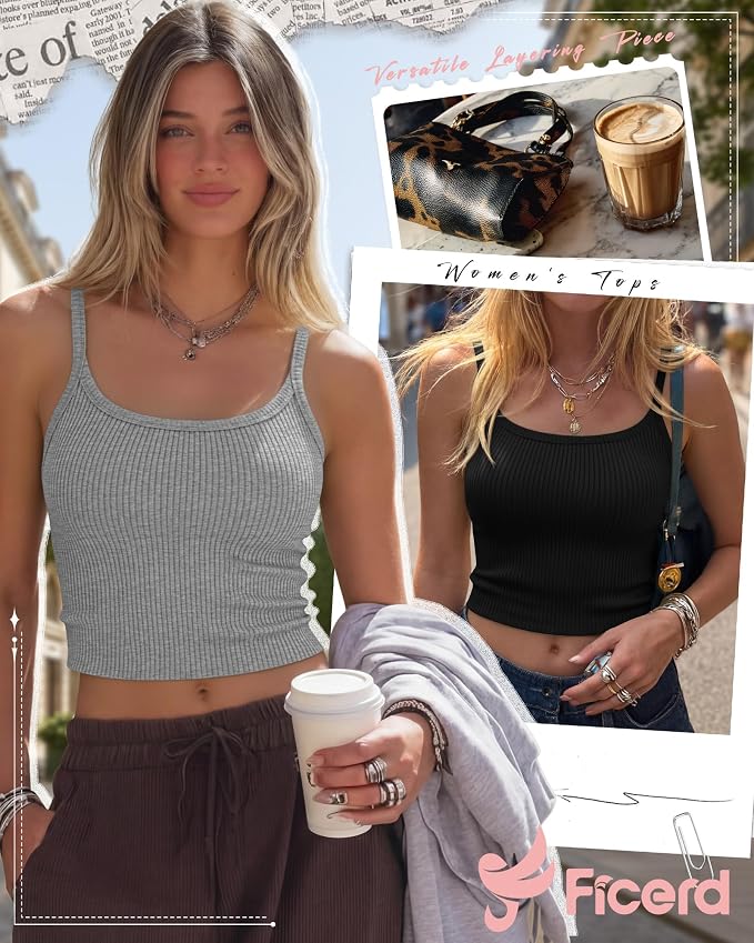 Ficerd 3 Pack Women's Tank Tops 95% Cotton Spaghetti Strap Ribbed Crop Camisole Slim Fitted Basic Summer Sleeveless Layer